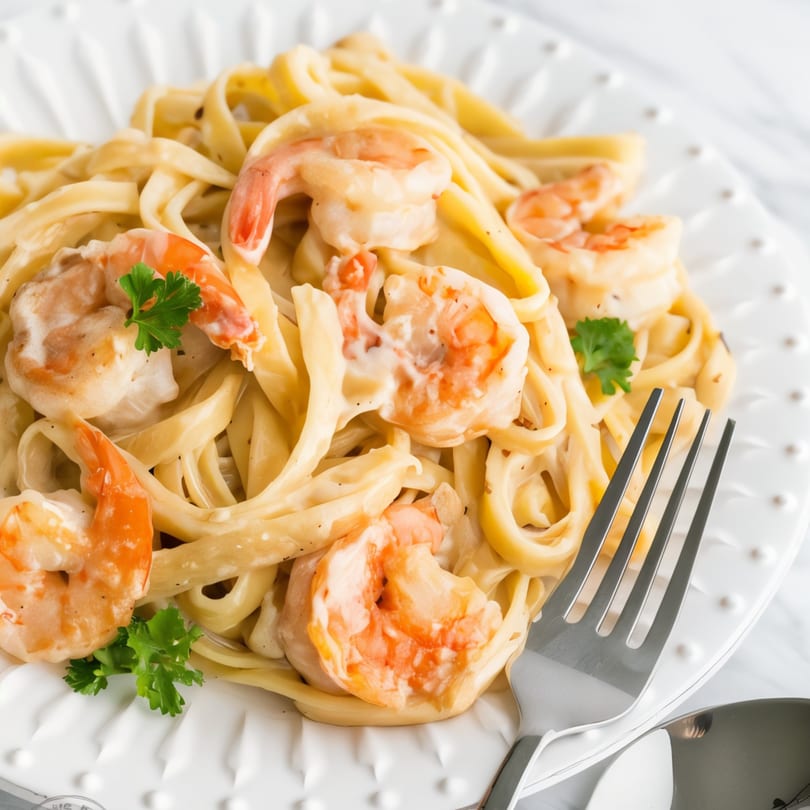 Creamy shrimp fettuccine pasta with parsley garnish on a white plate with a fork.