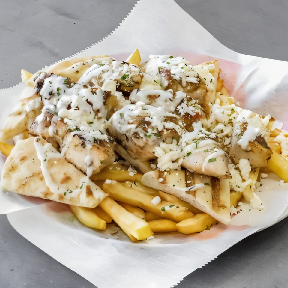 Chicken souvlaki with pita bread, fries, white sauce, and feta cheese in a paper-lined basket.