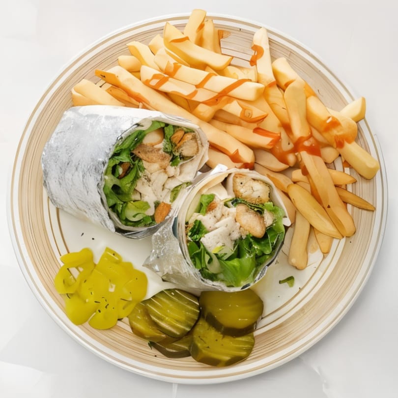 Two chicken wraps with lettuce and dressing, served with french fries and pickles on a plate.